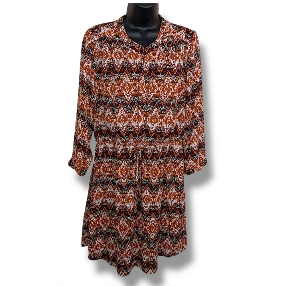 Medium Dr2 Dress Boho Orange Red White Lined Bohemian High Neck Long Sleeve